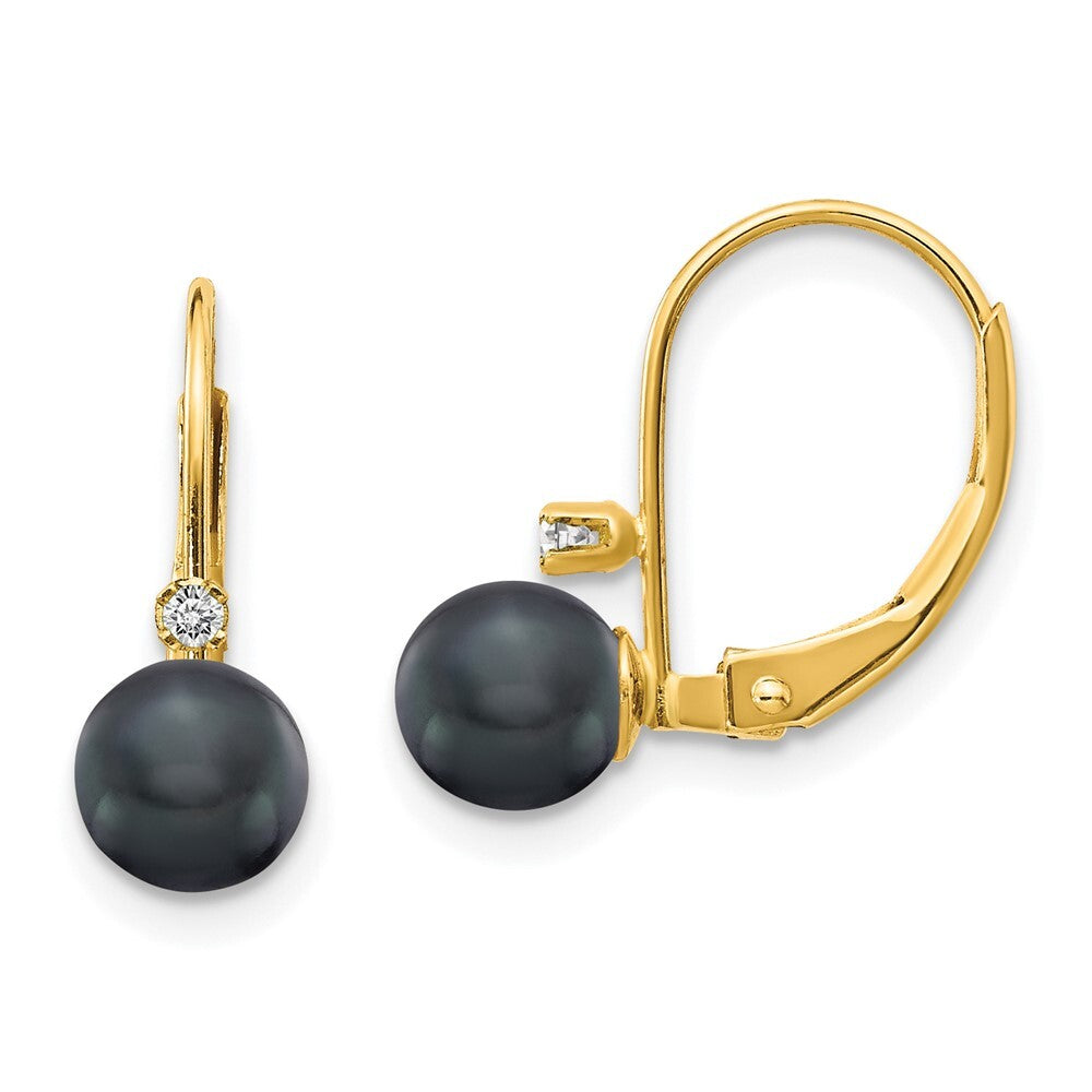 14k Yellow Gold 5-6mm Black FW Cultured Pearl AA Diamond Leverback Earrings