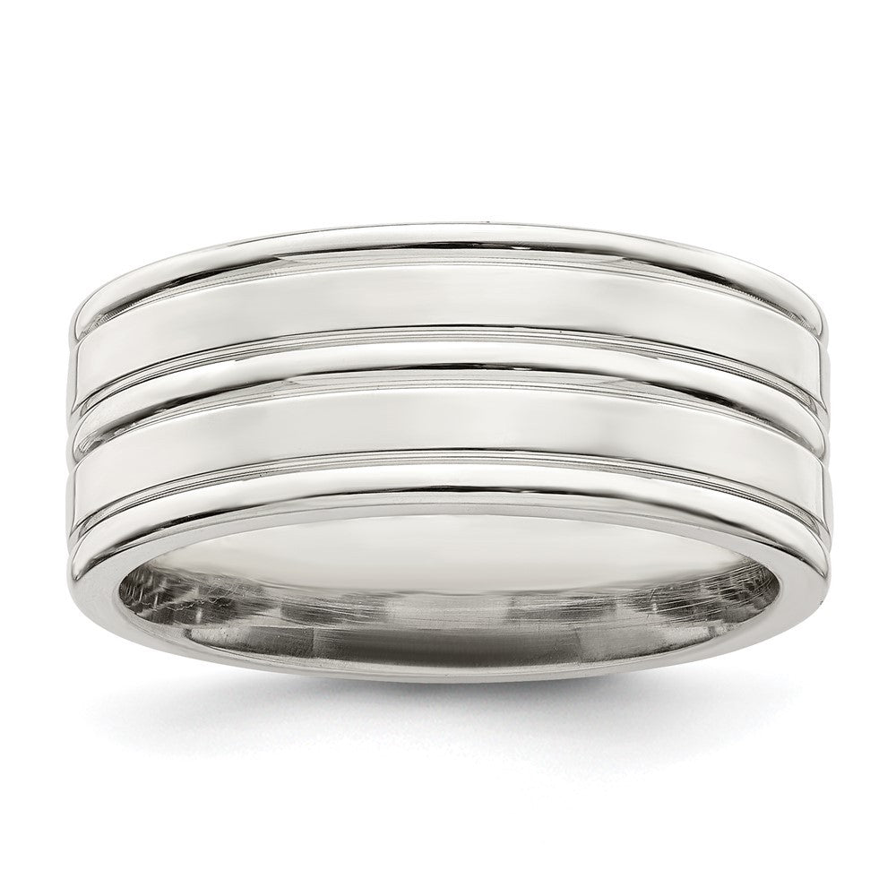 Sterling Silver 8mm Polished Flat Grooved Fancy Band Ring Size 11.5