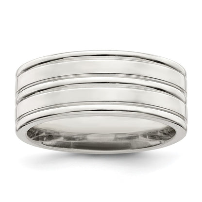 Sterling Silver 8mm Polished Flat Grooved Fancy Band Ring Size 11.5
