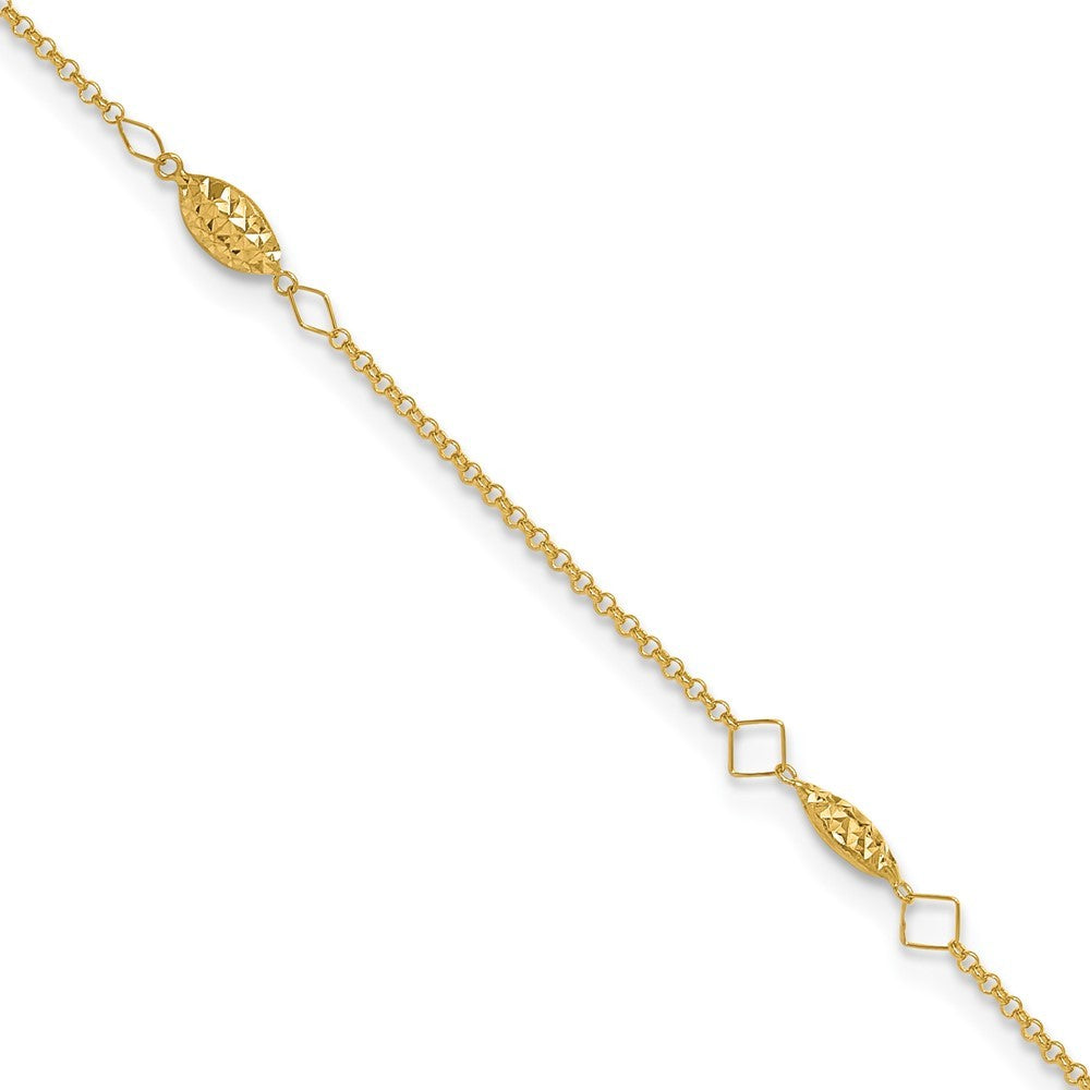 14k Yellow Gold Diamond-cut Rice Puff Beads 4-Station 10" Anklet