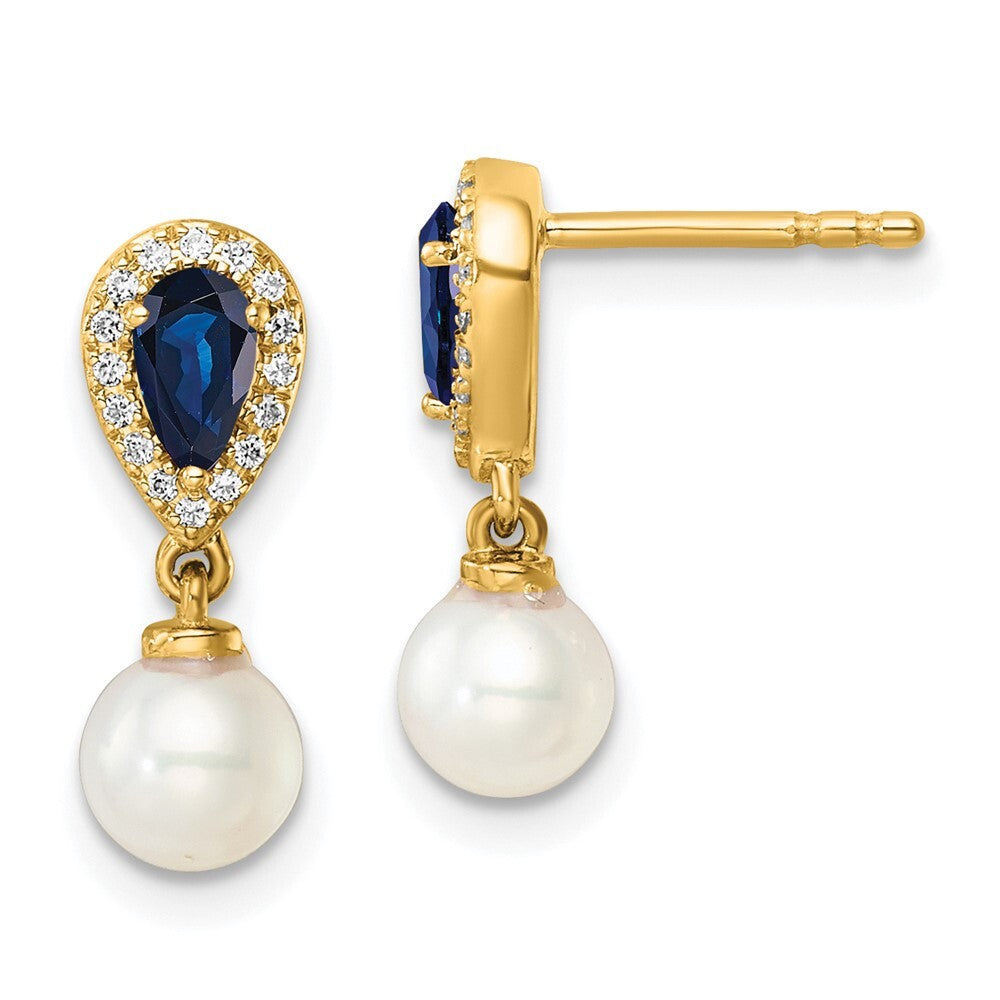 14k Yellow Gold Polished Diamond Pearl and Sapphire Dangle Earrings