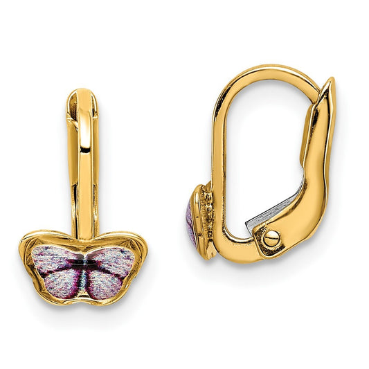 14k Yellow Gold Children's Enamel Butterfly Hoop Earrings Gift for Women