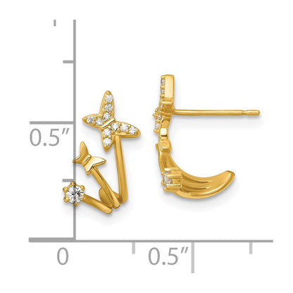 14k Yellow Gold Polished Cubic Zirconia Double Butterfly Cuff Stud Earrings