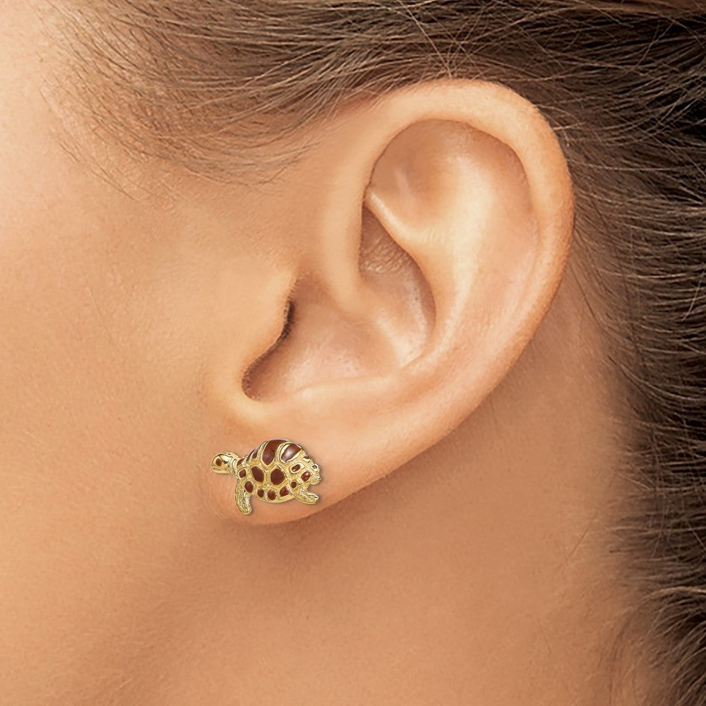 14k Yellow Gold Brown Enamel Turtle Earrings
