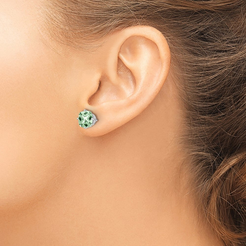 14k White Gold 7mm Cushion Checker-Cut Green Quartz Earrings Gift for Women