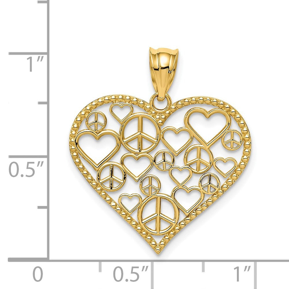 14k Yellow Gold Polished Hearts and Peace Signs in Heart Pendant