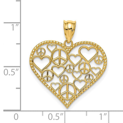 14k Yellow Gold Polished Hearts and Peace Signs in Heart Pendant