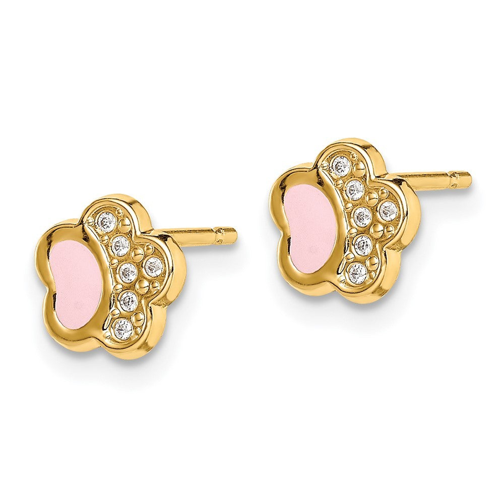 14k Yellow Gold CZ Pink Enamel Paw Earrings