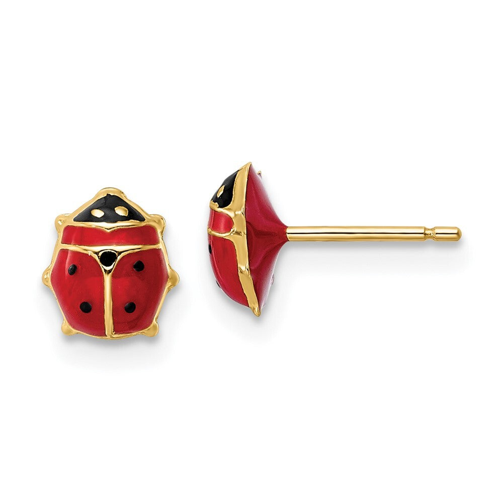 14k Yellow Gold Polished Enameled Medium Ladybug Stud Earrings Gift for Women