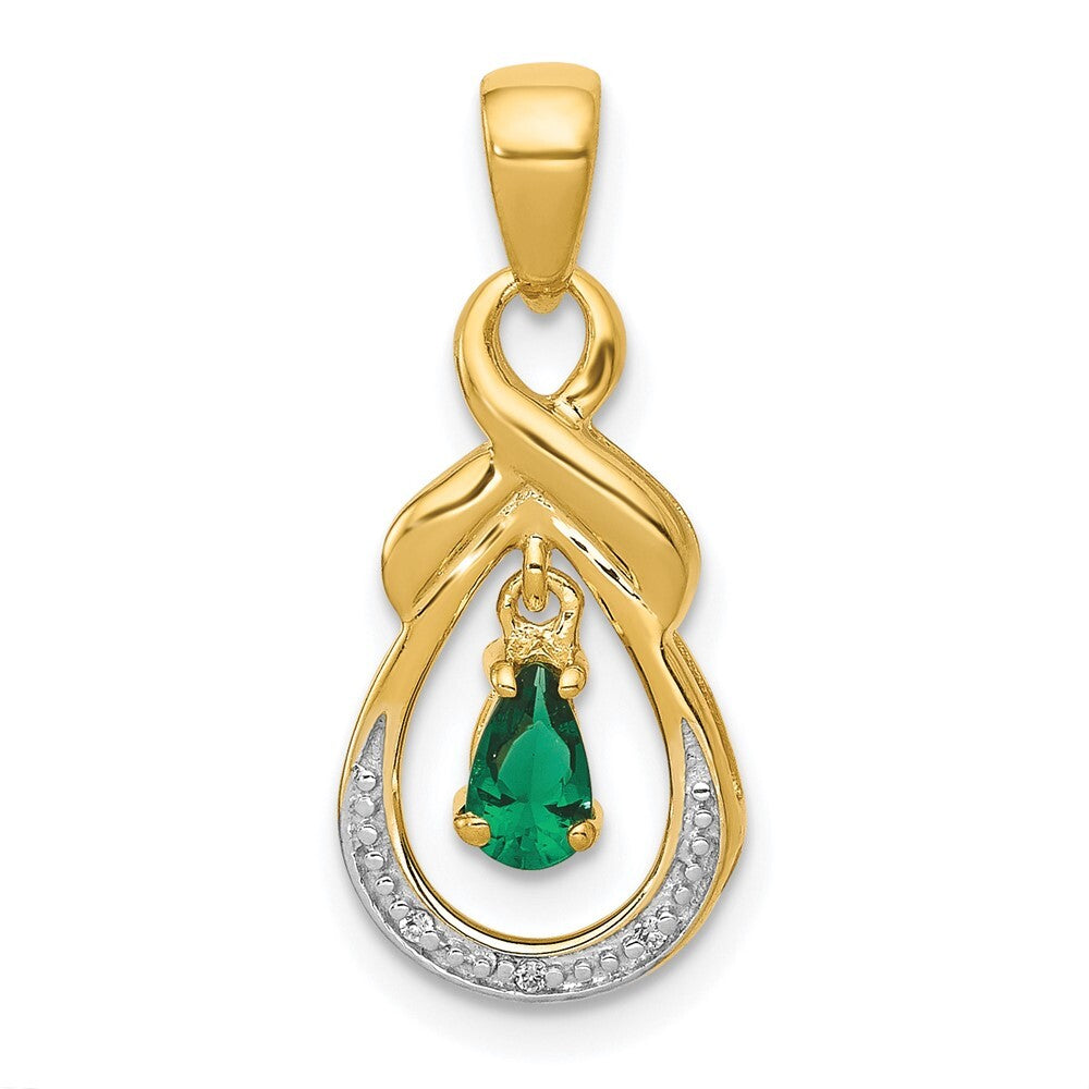 14k Yellow Gold Pear Emerald and Diamond Pendant for Women