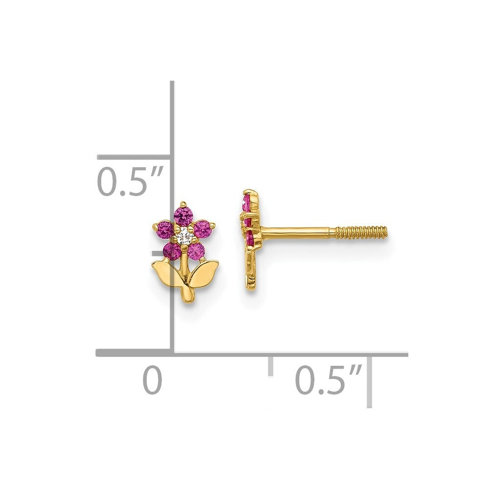 14k Yellow Gold Polished Dark Pink & Cubic Zirconia Flower Stud Earrings