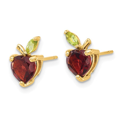 14k Yellow Gold Heart-shaped Garnet and Peridot Apple Post Earrings