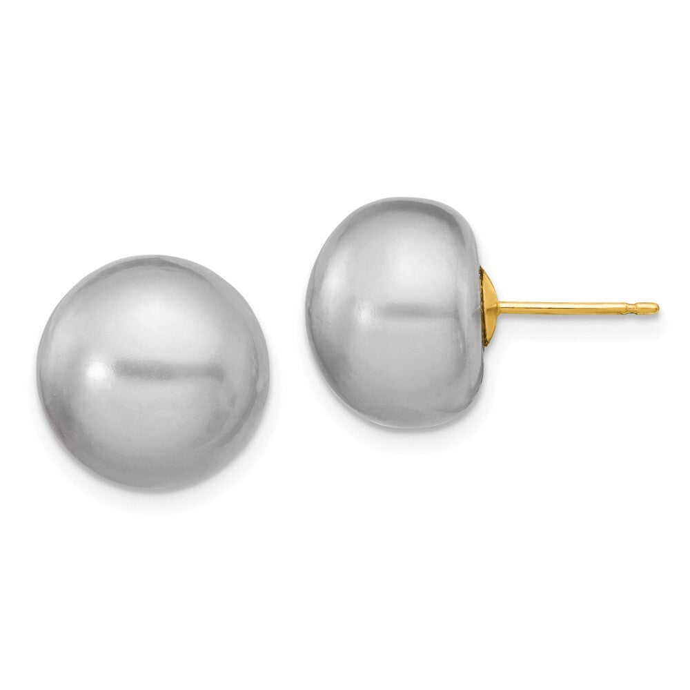 14k Yellow Gold 12-13mm Grey Button Freshwater Cultured Pearl Stud Earrings