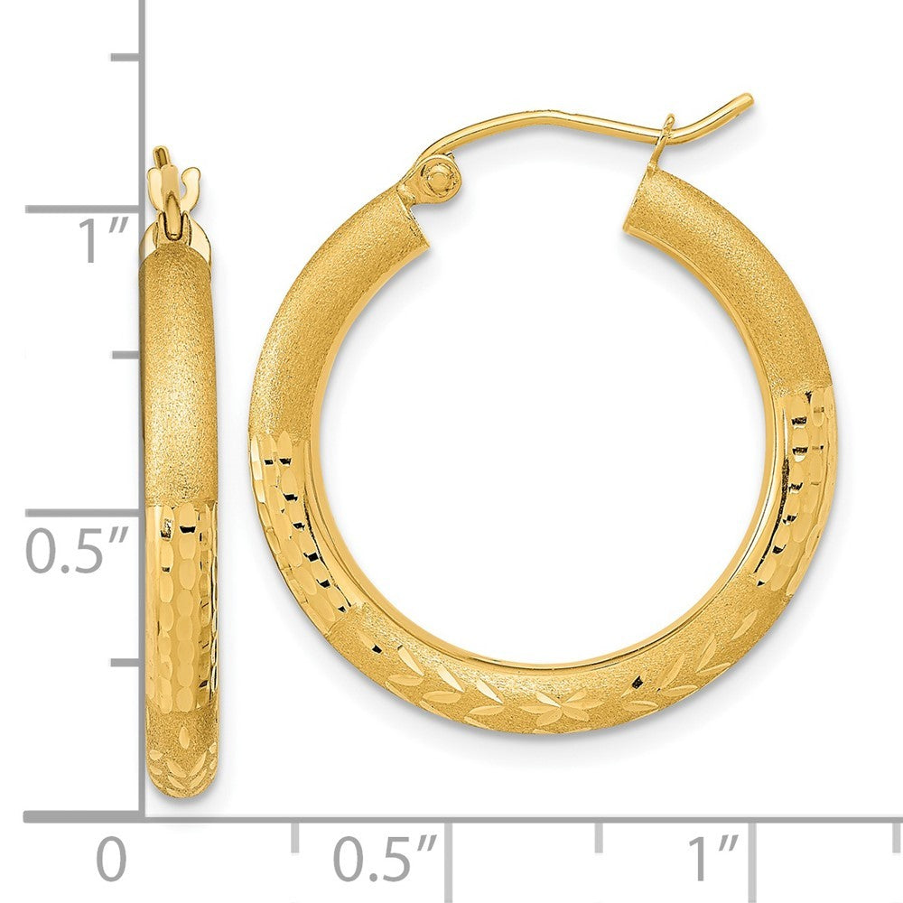 14k Yellow Gold Polished Satin and Diamond-cut Hoop Earringss