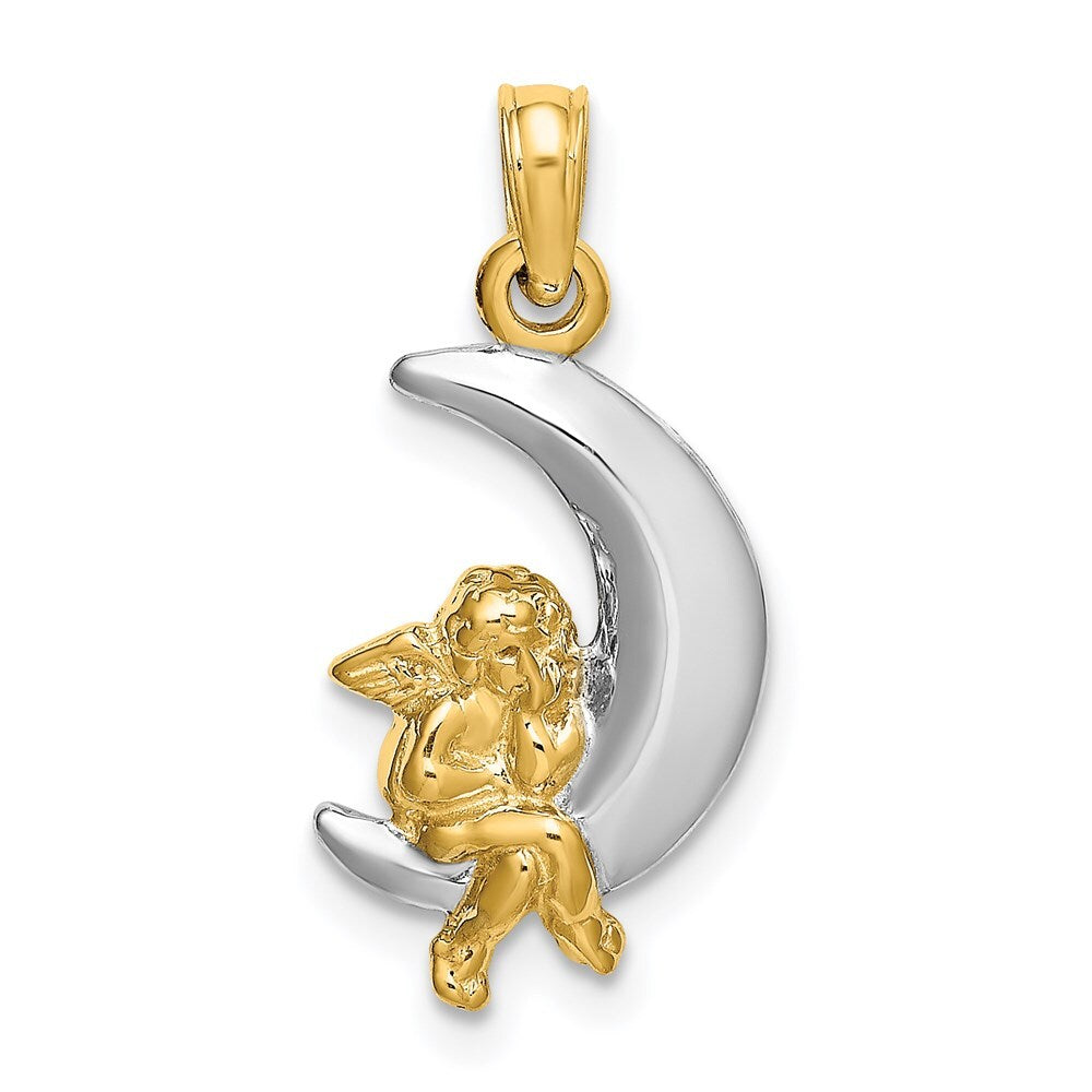 14k Yellow Gold Rhodium 3-D Angel on Moon Charm Pendant for Women