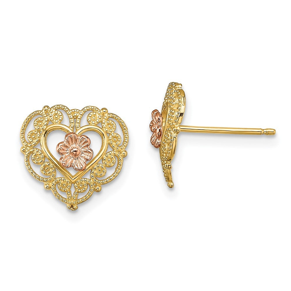 14k Two-tone Gold w/ Lace Trim and Flower Heart Earrings