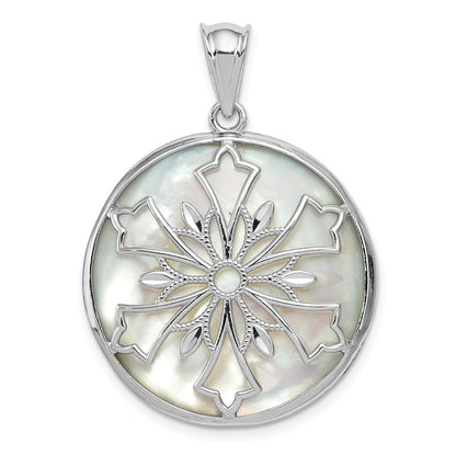 Sterling Silver Snowflake Diamond Cut Mother of Pearl & Onyx Reversible Pendant