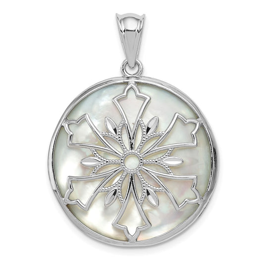 Sterling Silver Snowflake Diamond Cut Mother of Pearl & Onyx Reversible Pendant