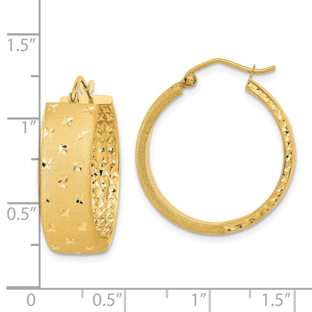 14k Yellow Gold Polished Satin and Diamond-cut Hoop Earrings