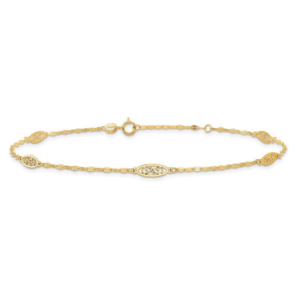 14k Yellow Gold Fancy Filigree Link 5-Station 10" Anklet
