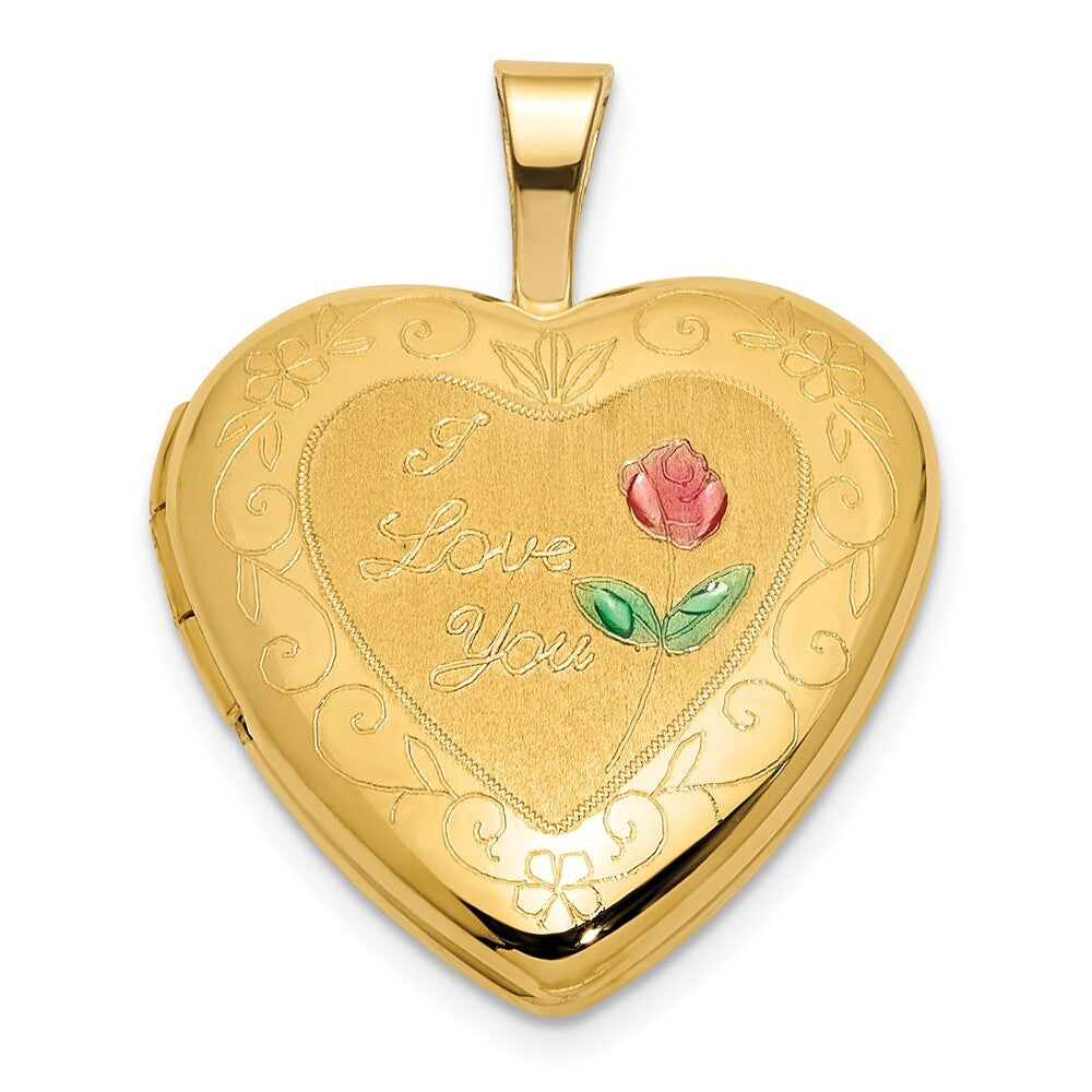 14k Yellow Gold Polished Satin  Enamel 16mm I LOVE YOU Rose Heart Locket Pendant