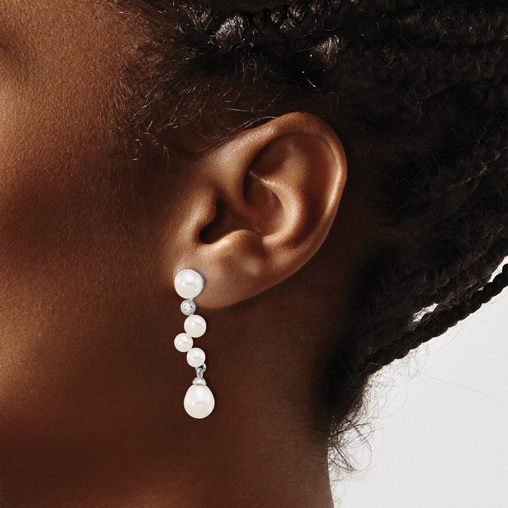 Sterling Silver White Rice Cultured Pearl & Cubic Zirconia Dangle Earrings