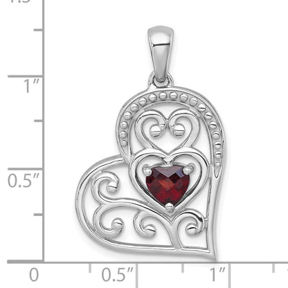 Sterling Silver Rhodium-plated Polished and Beaded Garnet Filigree Heart Pendant