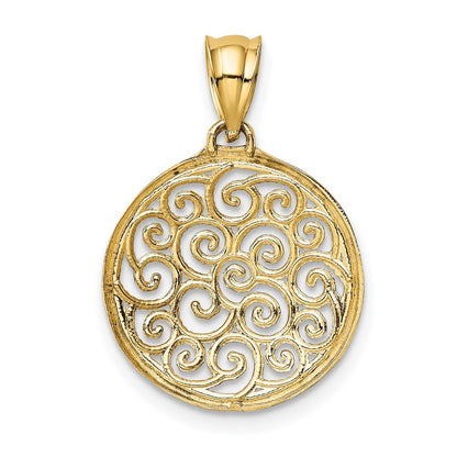 14k Yellow Gold and White Rhodium Filigree Circle Pendant