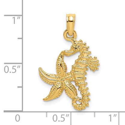 14k Yellow Gold Starfish and Seahorse Charm Pendant for Women