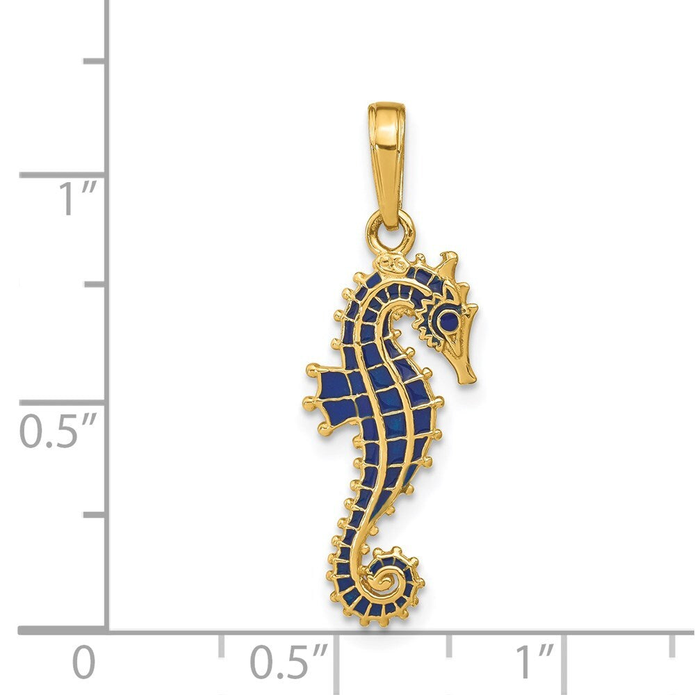 14k Yellow Gold 3-D Blue Enameled Seahorse Pendant for Women