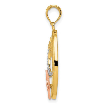 14k Two-tone Gold White Rhodium Sun, Moon and Star Oval Pendant