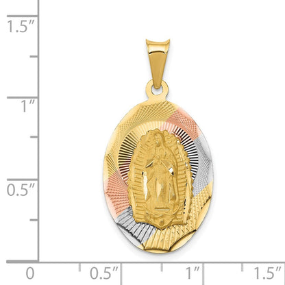 14k Yellow Gold Rhodium Diamond-Cut Lady Of Guadalupe Oval Pendant