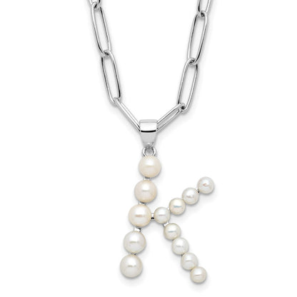 Sterling Silver 3-5.5mm White Button Cultured Pearl LETTER K Necklace 18"
