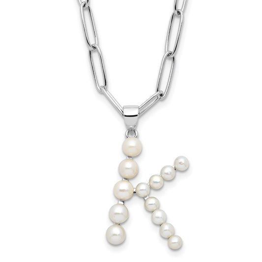 Sterling Silver 3-5.5mm White Button Cultured Pearl LETTER K Necklace 18"