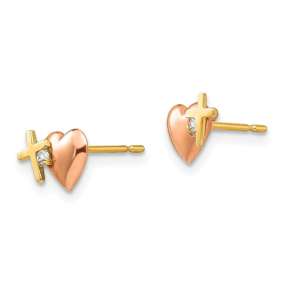 14k Yellow & Rose Gold Cubic Zirconia Heart and Cross Stud Earrings