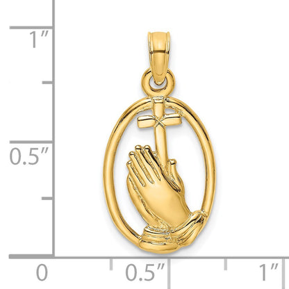 14k Yellow Gold Praying Hands and Cross In Oval Charm Pendant for Women