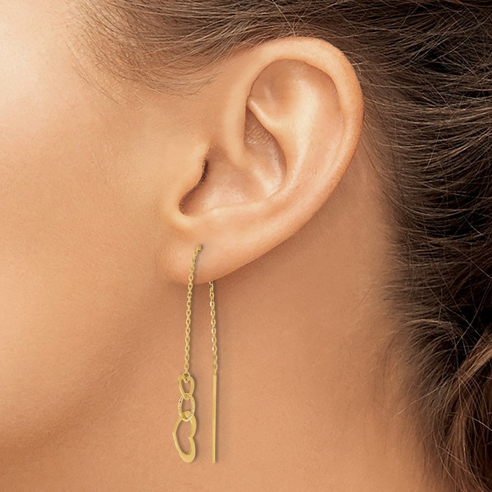 14k Yellow Gold Polished Hearts Dangle Threader Earrings