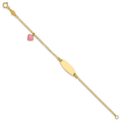 14k Yellow Gold  Pink Enameled Puffed Heart and 18x5mm Plate 5.5" ID Bracelet