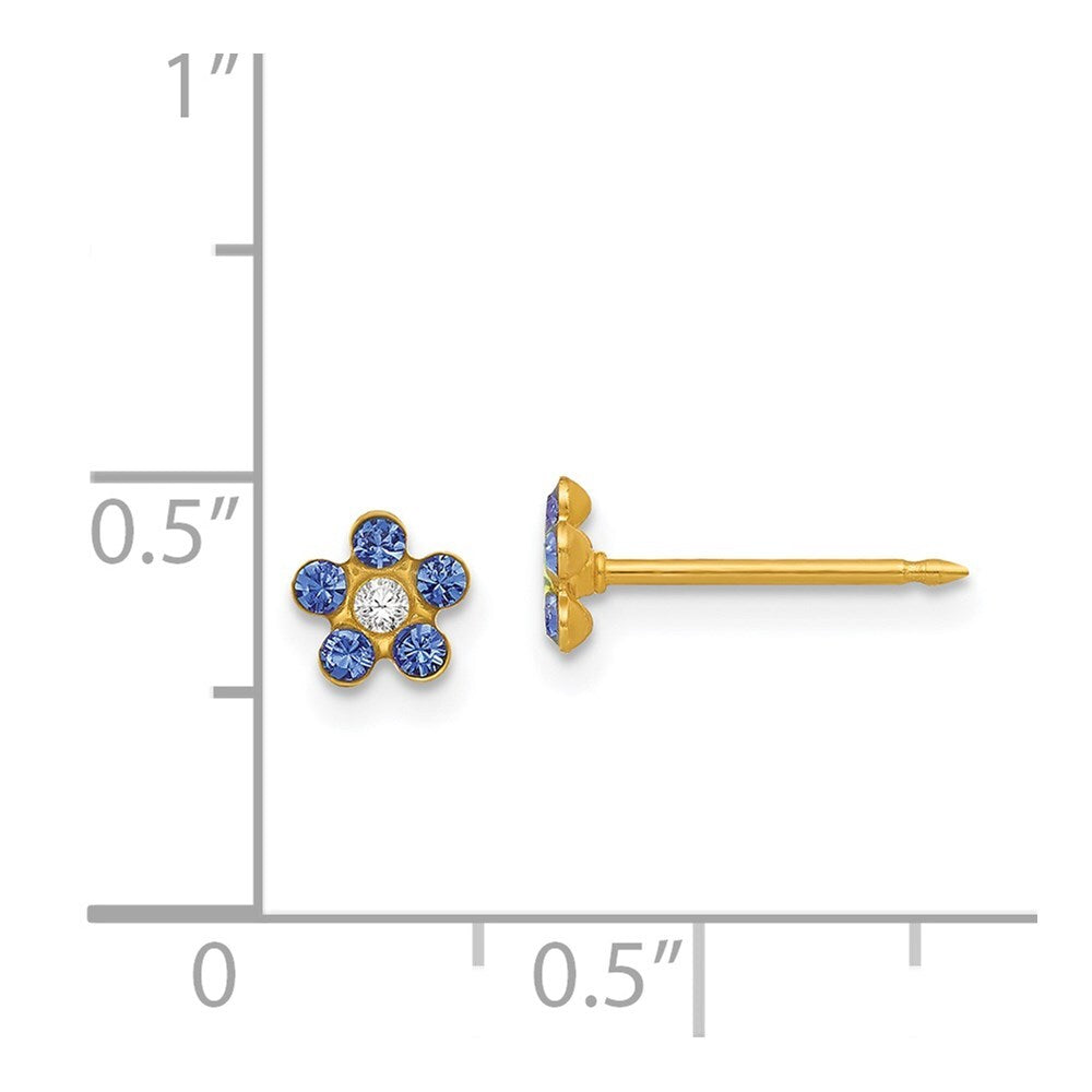 14k Yellow Gold September Blue Crystal Birthstone Flower Stud Earrings