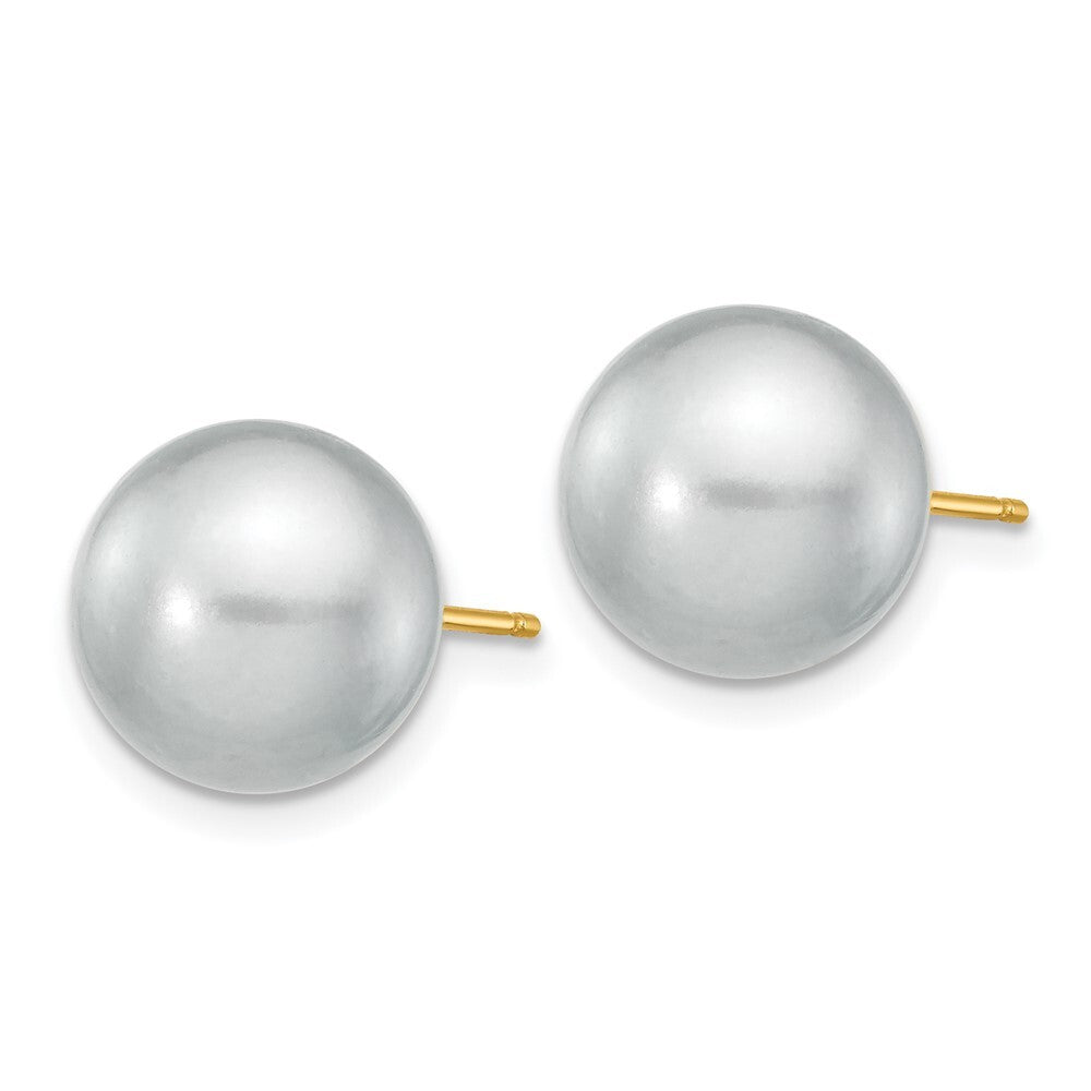 14k Yellow Gold 10-11mm Grey Round Freshwater Cultured Pearl Stud Earrings