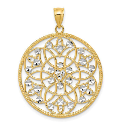 14k Yellow Gold and Rhodium Diamond-cut Circle Pendant for Women