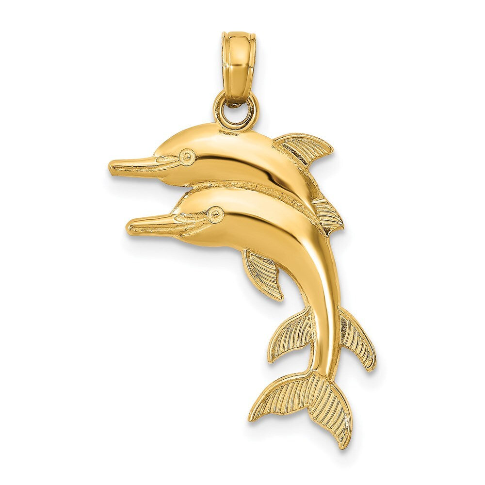 14k Yellow Gold 2-D Two Jumping Dolphins Charm Pendant for Women