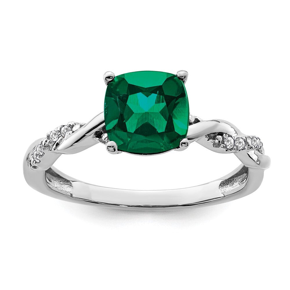Sterling Silver Rhodium-plated Created Emerald and Diamond Ring Size 7