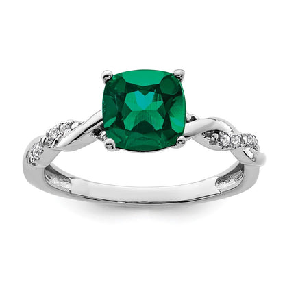 Sterling Silver Rhodium-plated Created Emerald and Diamond Ring Size 7