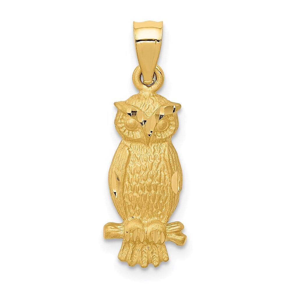 14k Yellow Gold Satin Diamond-cut Owl Pendant for Women