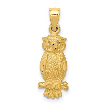 14k Yellow Gold Satin Diamond-cut Owl Pendant for Women