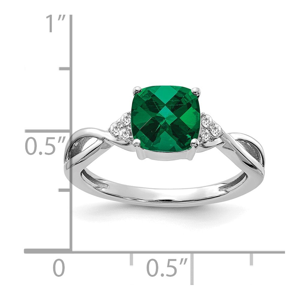 14K White Gold Checkerboard Created Emerald and Diamond Ring Size 7