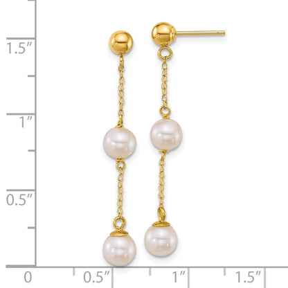 14k Yellow Gold 5-6mm White Round Freshwater Cultured Pearl Post Dangle Earrings