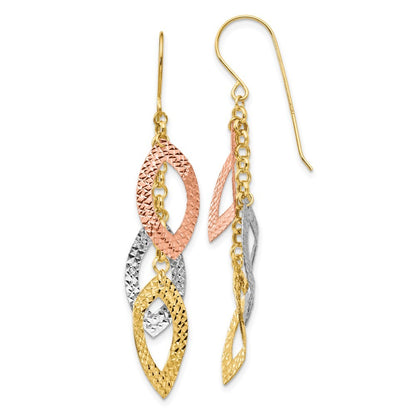 14K Tri-color Diamond Cut Tear Drop Drop Dangle Earrings w/ Shepherd Hook