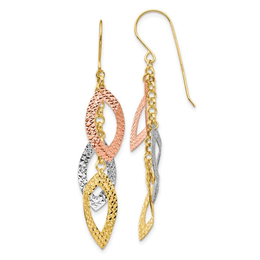 14K Tri-color Diamond Cut Tear Drop Drop Dangle Earrings w/ Shepherd Hook